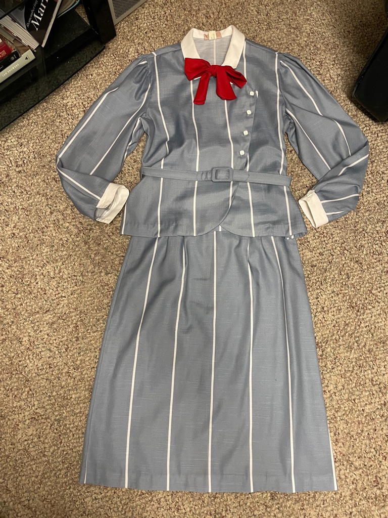 Vintage 80s Bow Neck Belted Striped Women's Skirt Suit Set- Adorable